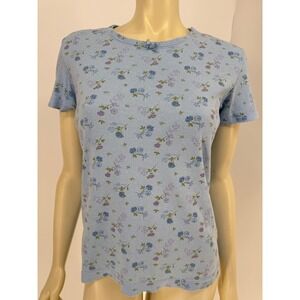 Vintage 90s Regatta Floral‎ Cottagecore Silk Bow Ribbed Top Blue Large